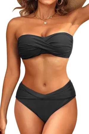 Women's Strapless Bandeau Bikini Set - Twist Front Two Piece Swimsuit with Side Tie Bathing Suit Bottom