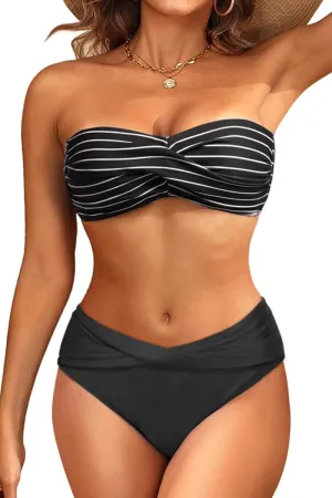 Women's Strapless Bandeau Bikini Set - Twist Front Two Piece Swimsuit with Side Tie Bathing Suit Bottom