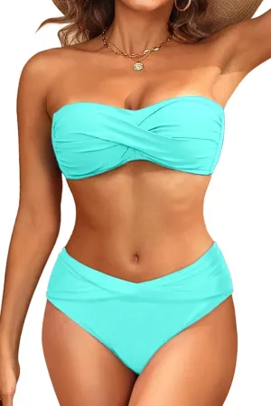 Women's Strapless Bandeau Bikini Set - Twist Front Two Piece Swimsuit with Side Tie Bathing Suit Bottom