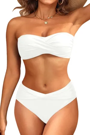 Women's Strapless Bandeau Bikini Set - Twist Front Two Piece Swimsuit with Side Tie Bathing Suit Bottom