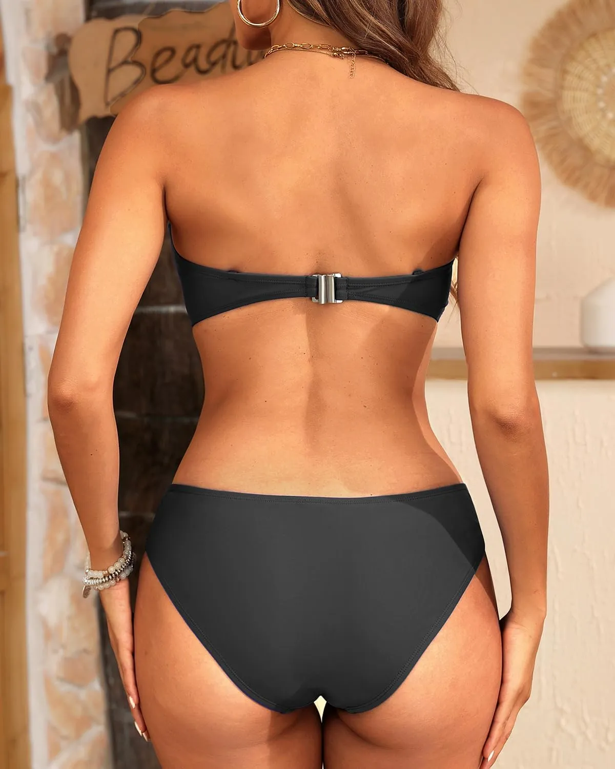 Women's Strapless Bandeau Bikini Set - Twist Front Two Piece Swimsuit with Side Tie Bathing Suit Bottom