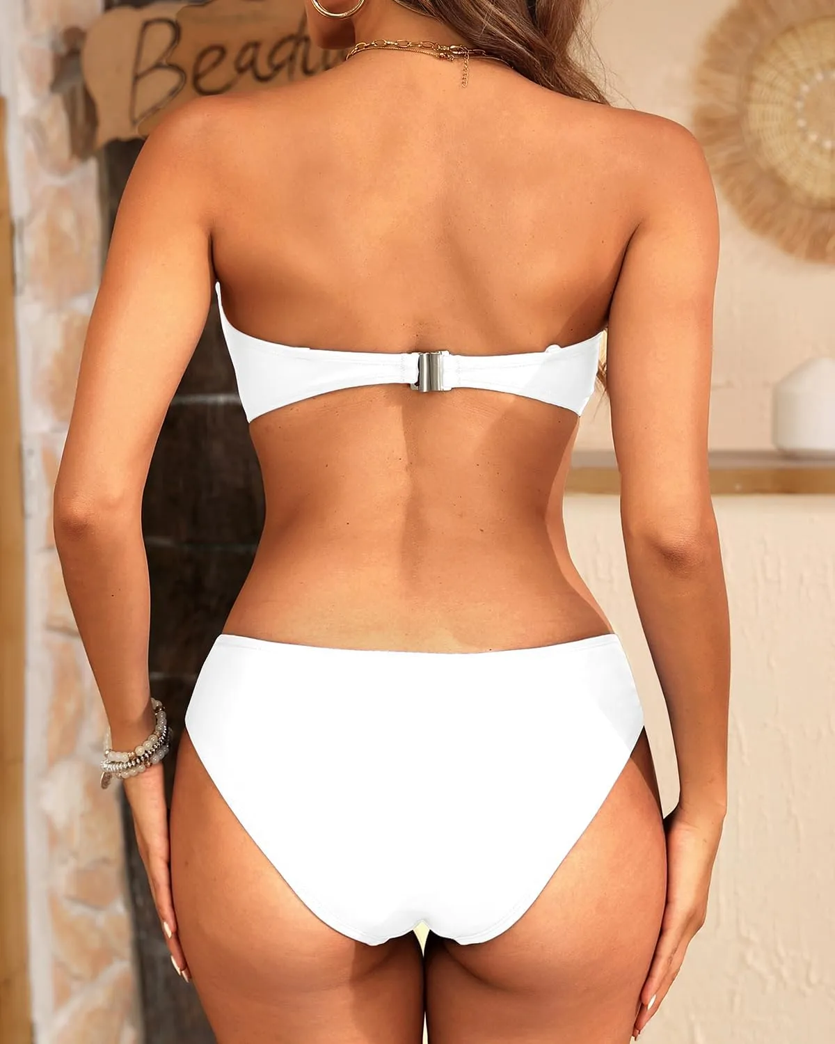 Women's Strapless Bandeau Bikini Set - Twist Front Two Piece Swimsuit with Side Tie Bathing Suit Bottom