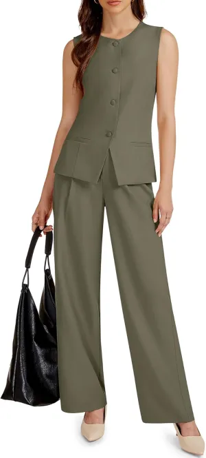 Women's Summer 2 Piece Blazer Outfits Sleeveless Crewneck Vest Wide Leg Pantsuit 2025 Dressy Casual Work Sets