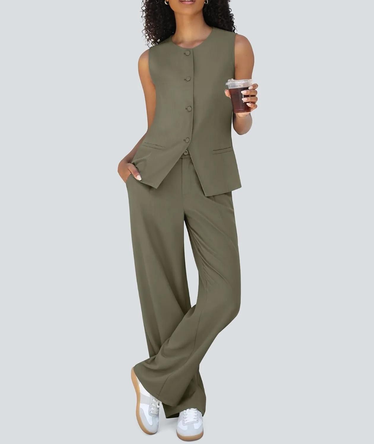 Women's Summer 2 Piece Blazer Outfits Sleeveless Crewneck Vest Wide Leg Pantsuit 2025 Dressy Casual Work Sets