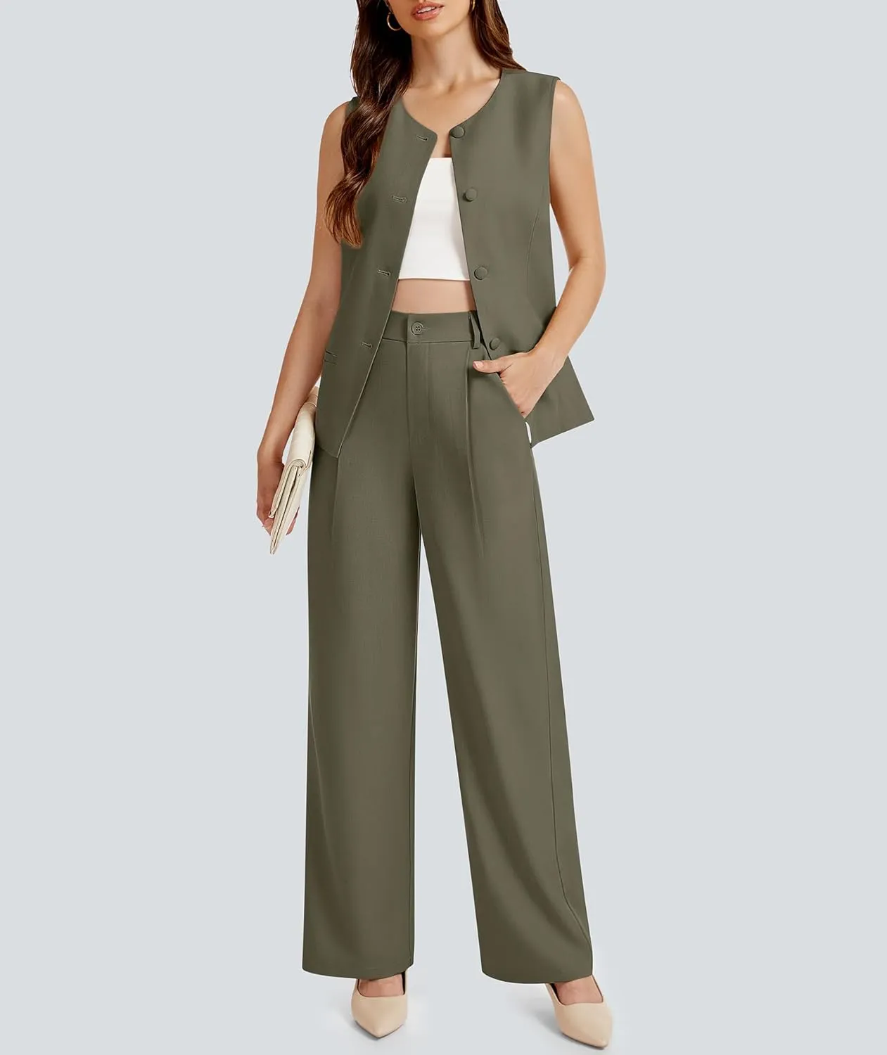 Women's Summer 2 Piece Blazer Outfits Sleeveless Crewneck Vest Wide Leg Pantsuit 2025 Dressy Casual Work Sets