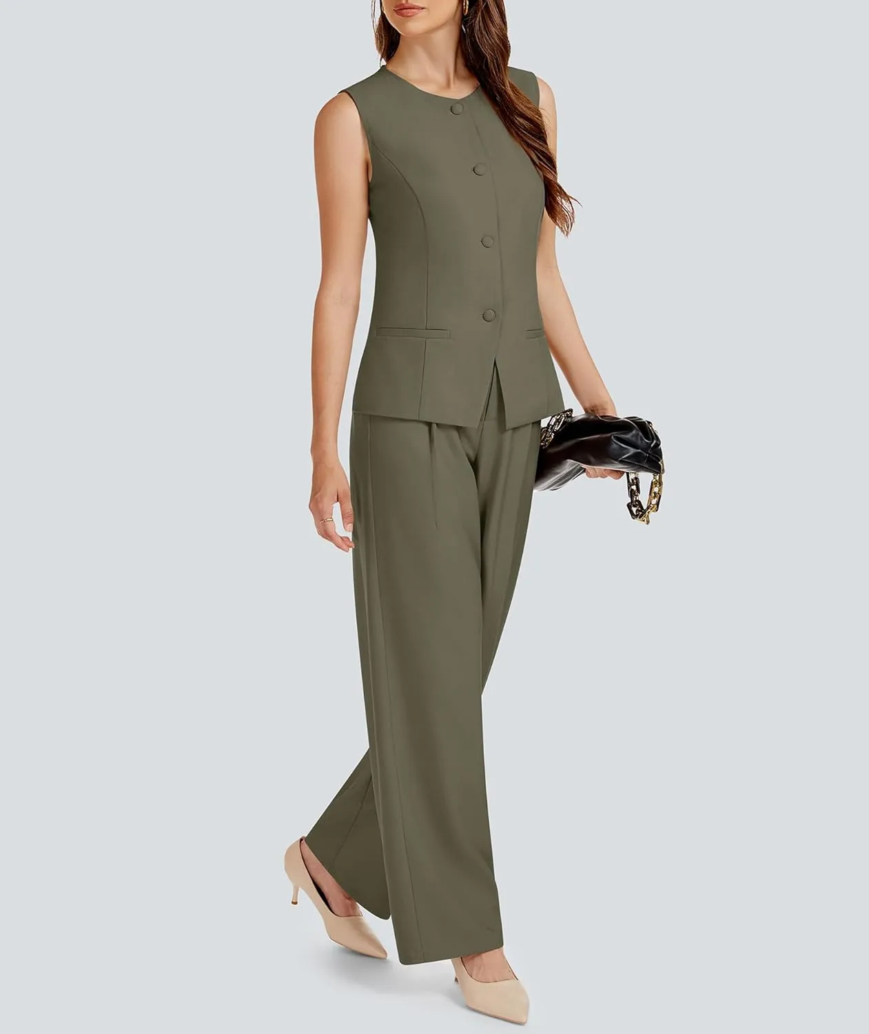 Women's Summer 2 Piece Blazer Outfits Sleeveless Crewneck Vest Wide Leg Pantsuit 2025 Dressy Casual Work Sets