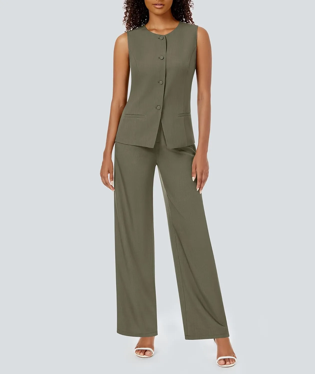 Women's Summer 2 Piece Blazer Outfits Sleeveless Crewneck Vest Wide Leg Pantsuit 2025 Dressy Casual Work Sets