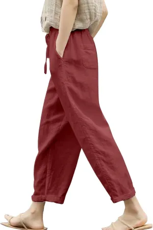 Womens Summer Cotton Linen Casual Trousers Loose Drawstring Waist Pant Pure Color Straight Leg Pants with Pockets
