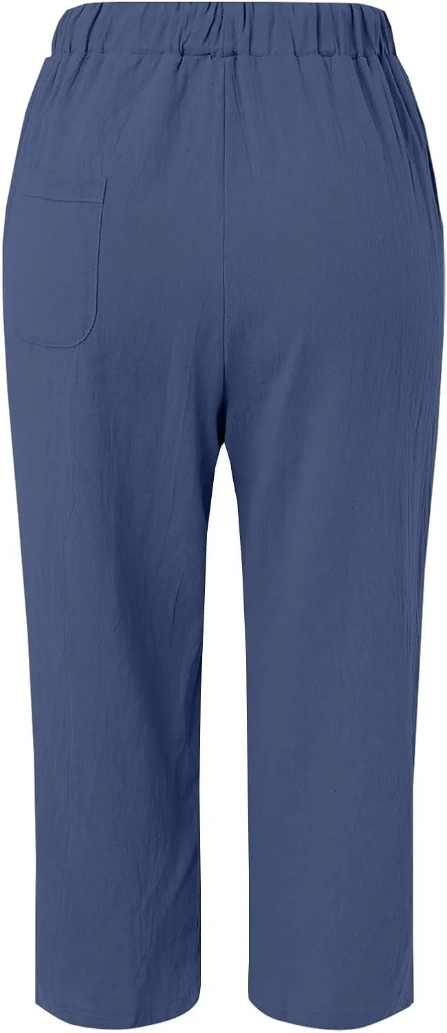 Womens Summer Cotton Linen Casual Trousers Loose Drawstring Waist Pant Pure Color Straight Leg Pants with Pockets