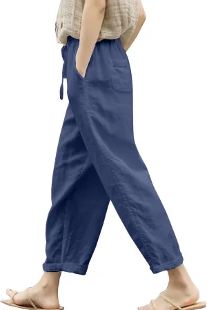 Womens Summer Cotton Linen Casual Trousers Loose Drawstring Waist Pant Pure Color Straight Leg Pants with Pockets