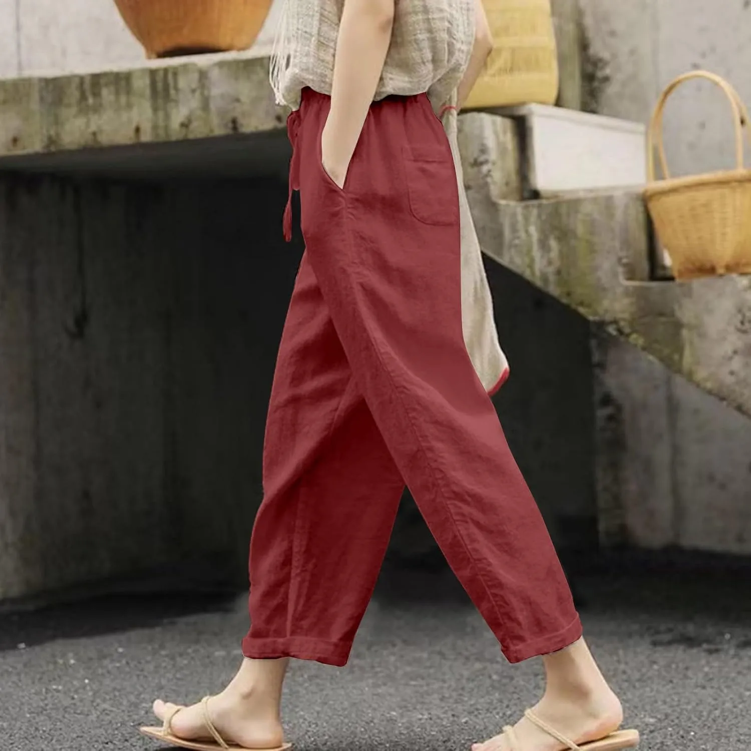 Womens Summer Cotton Linen Casual Trousers Loose Drawstring Waist Pant Pure Color Straight Leg Pants with Pockets