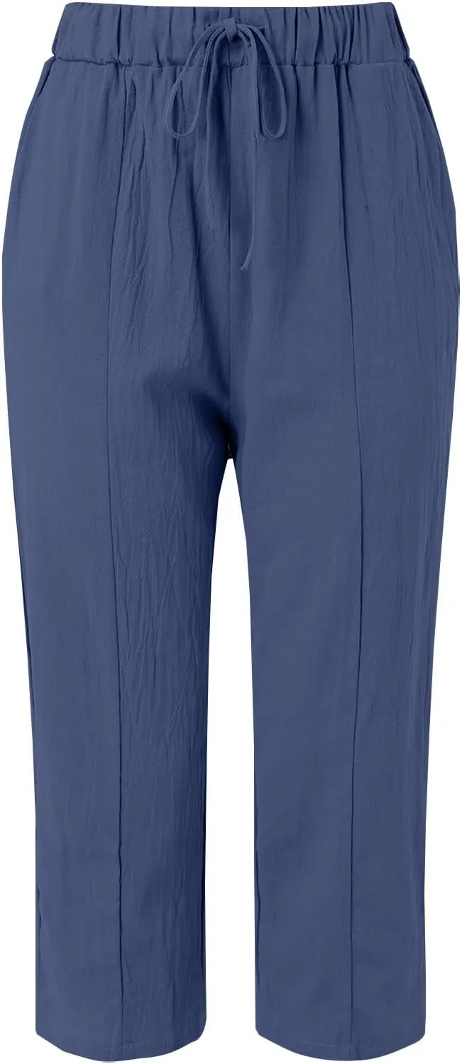 Womens Summer Cotton Linen Casual Trousers Loose Drawstring Waist Pant Pure Color Straight Leg Pants with Pockets