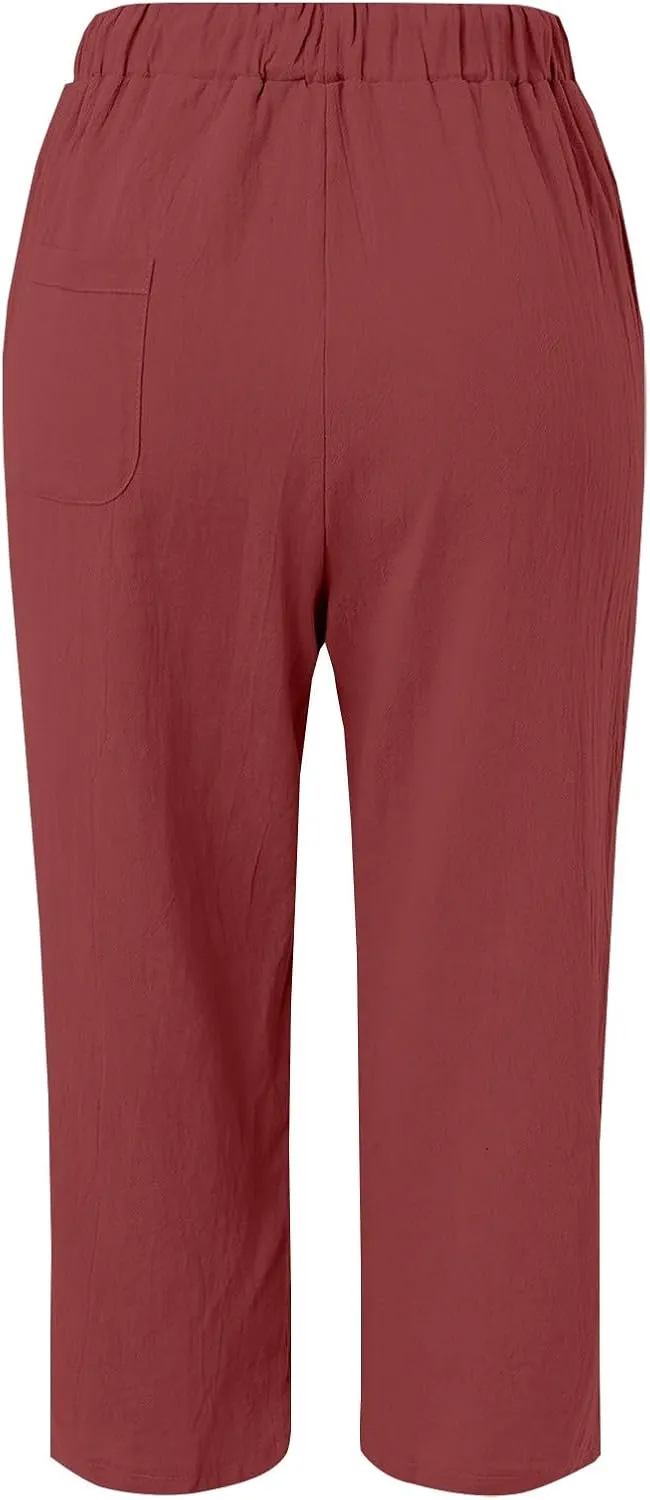Womens Summer Cotton Linen Casual Trousers Loose Drawstring Waist Pant Pure Color Straight Leg Pants with Pockets