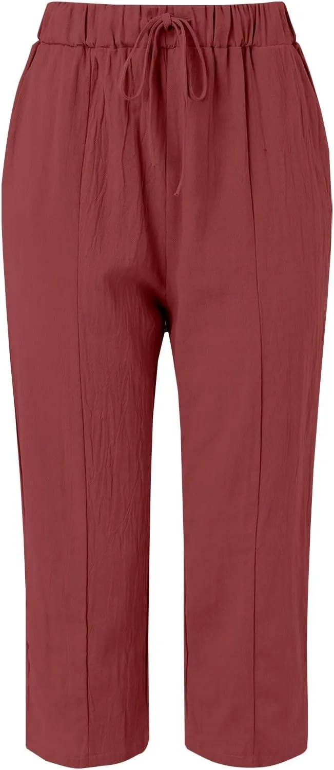 Womens Summer Cotton Linen Casual Trousers Loose Drawstring Waist Pant Pure Color Straight Leg Pants with Pockets