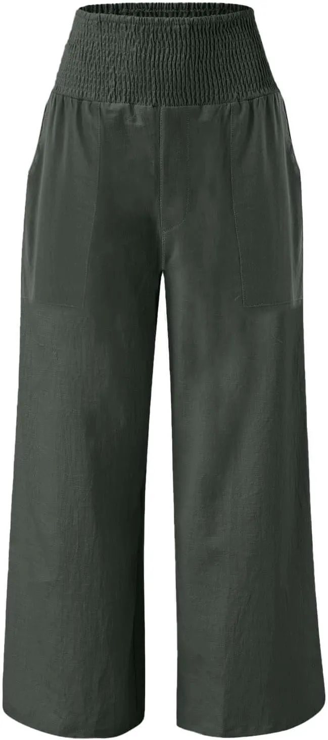 Womens Summer Cotton Linen Palazzo Pants Casual Drawstring Elastic Waist Wide Leg Trousers Beach Vacation Outfits