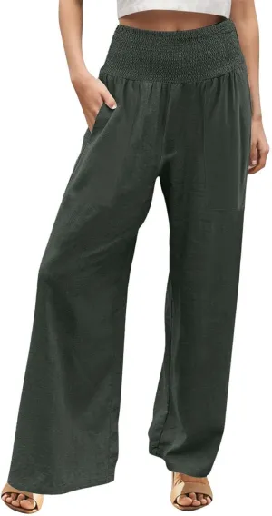 Womens Summer Cotton Linen Palazzo Pants Casual Drawstring Elastic Waist Wide Leg Trousers Beach Vacation Outfits