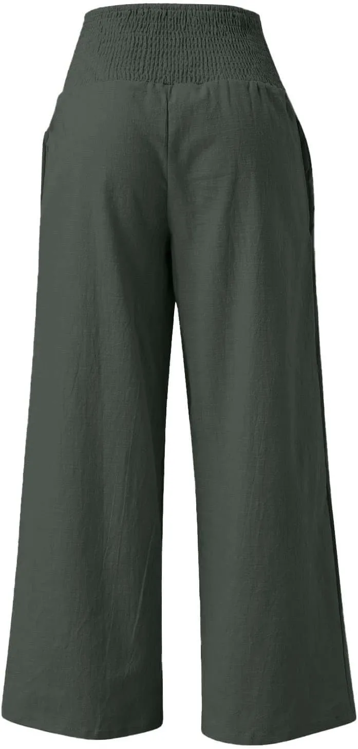 Womens Summer Cotton Linen Palazzo Pants Casual Drawstring Elastic Waist Wide Leg Trousers Beach Vacation Outfits