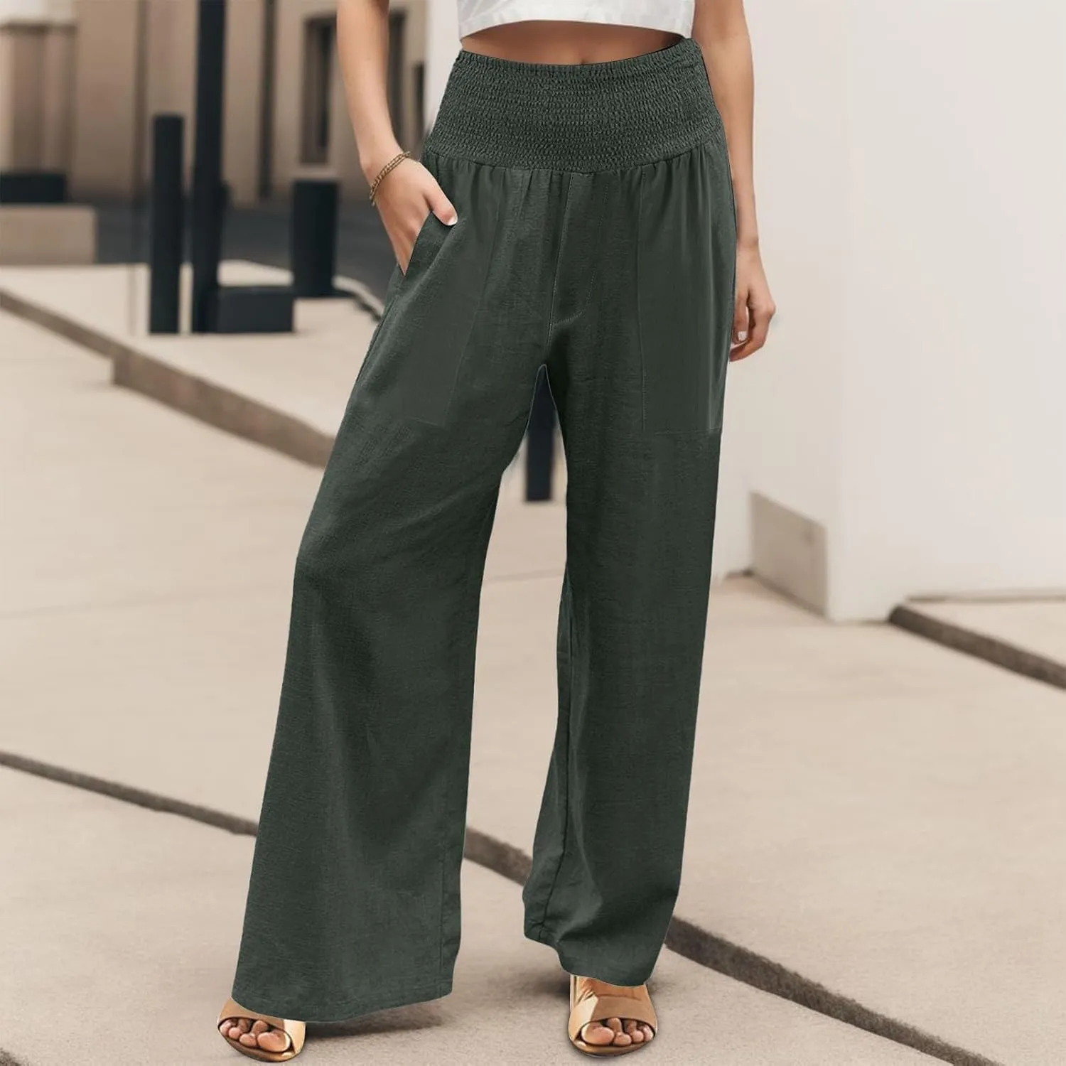 Womens Summer Cotton Linen Palazzo Pants Casual Drawstring Elastic Waist Wide Leg Trousers Beach Vacation Outfits