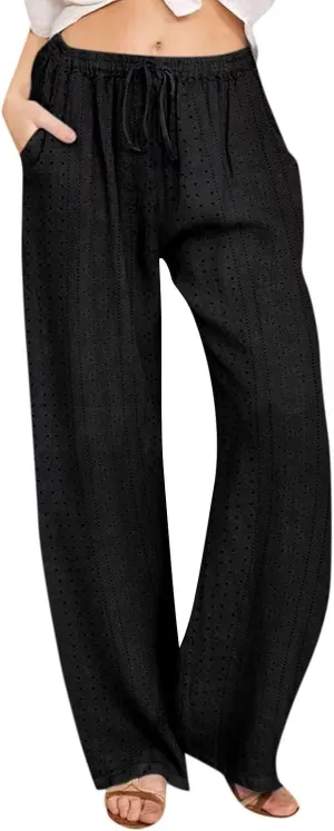 Women's Summer Cotton Linen Pants High Waist Wide Leg Loose Palazzo Pants Casual Beach Pants Trousers with Pockets