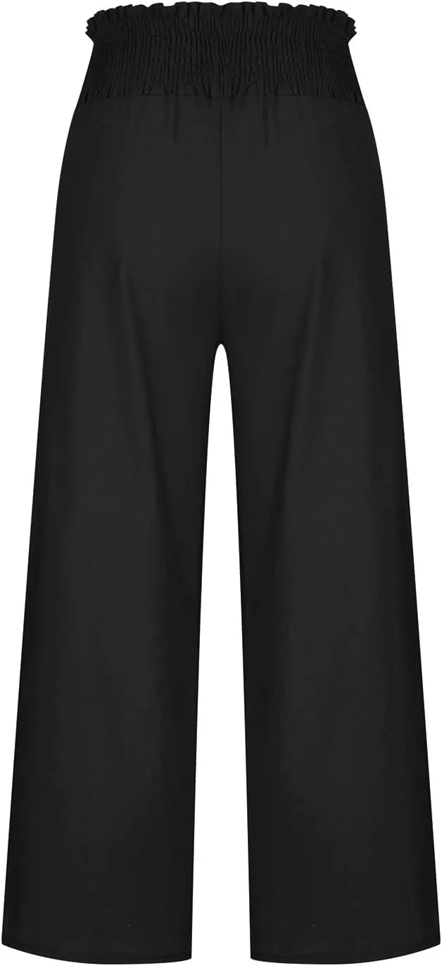 Womens Summer Pants Sexy High Slit Lightweight Flowy Beach Trousers Cotton Linen Tummy Control Dancing Palazzo
