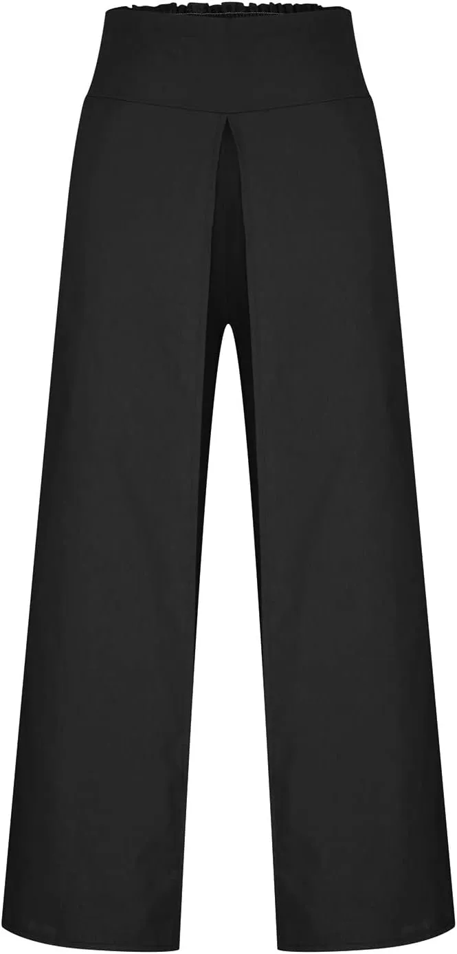 Womens Summer Pants Sexy High Slit Lightweight Flowy Beach Trousers Cotton Linen Tummy Control Dancing Palazzo