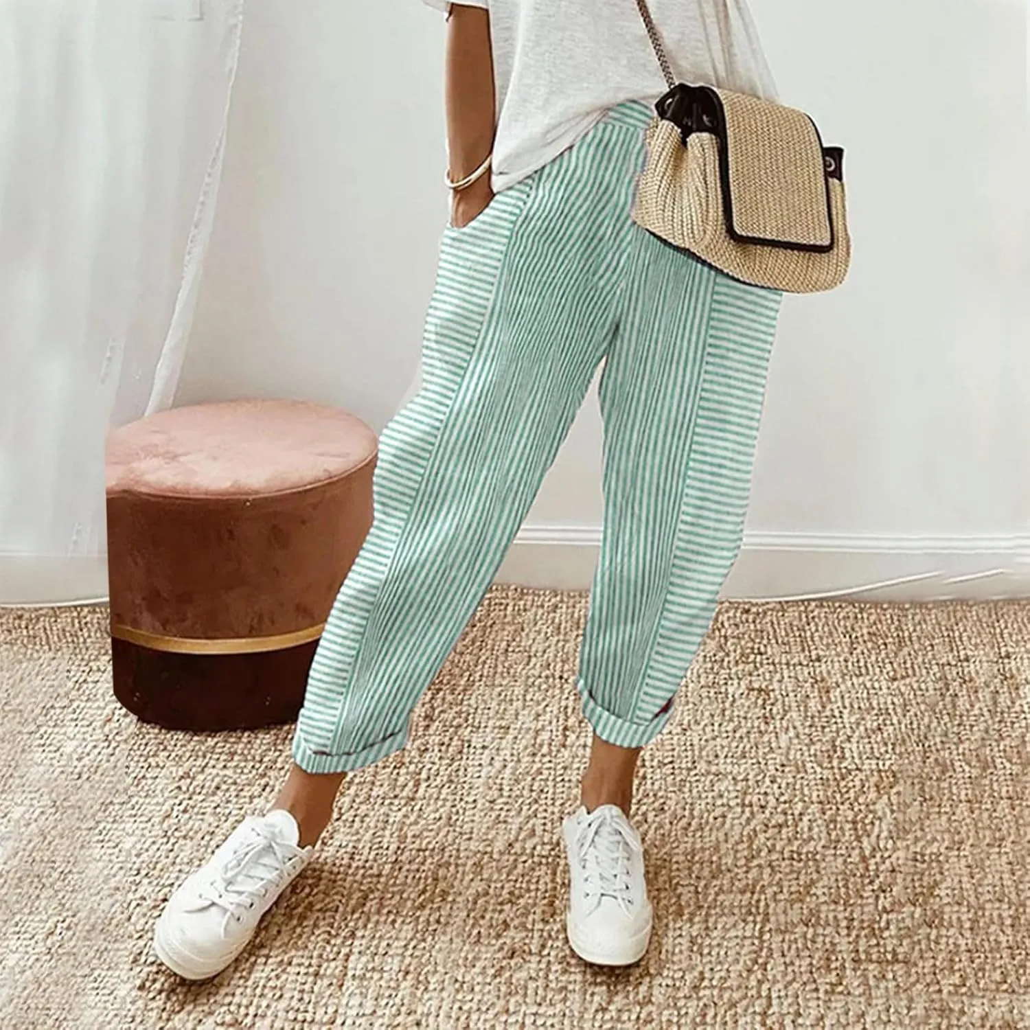 Womens Sweatpants, Peasant Pants Straight Leg Casual Linen Trendy Striped Side Loose