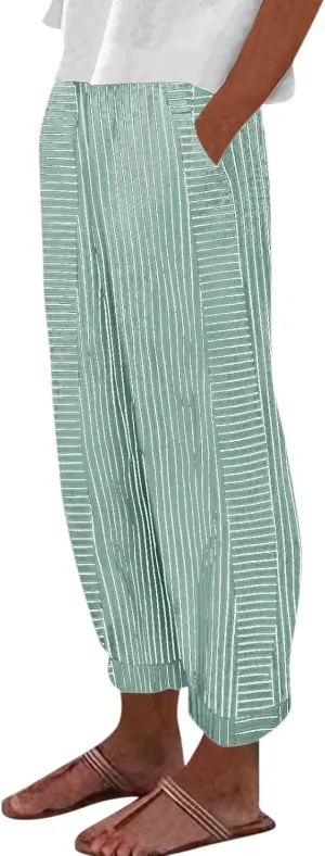 Womens Sweatpants, Peasant Pants Straight Leg Casual Linen Trendy Striped Side Loose