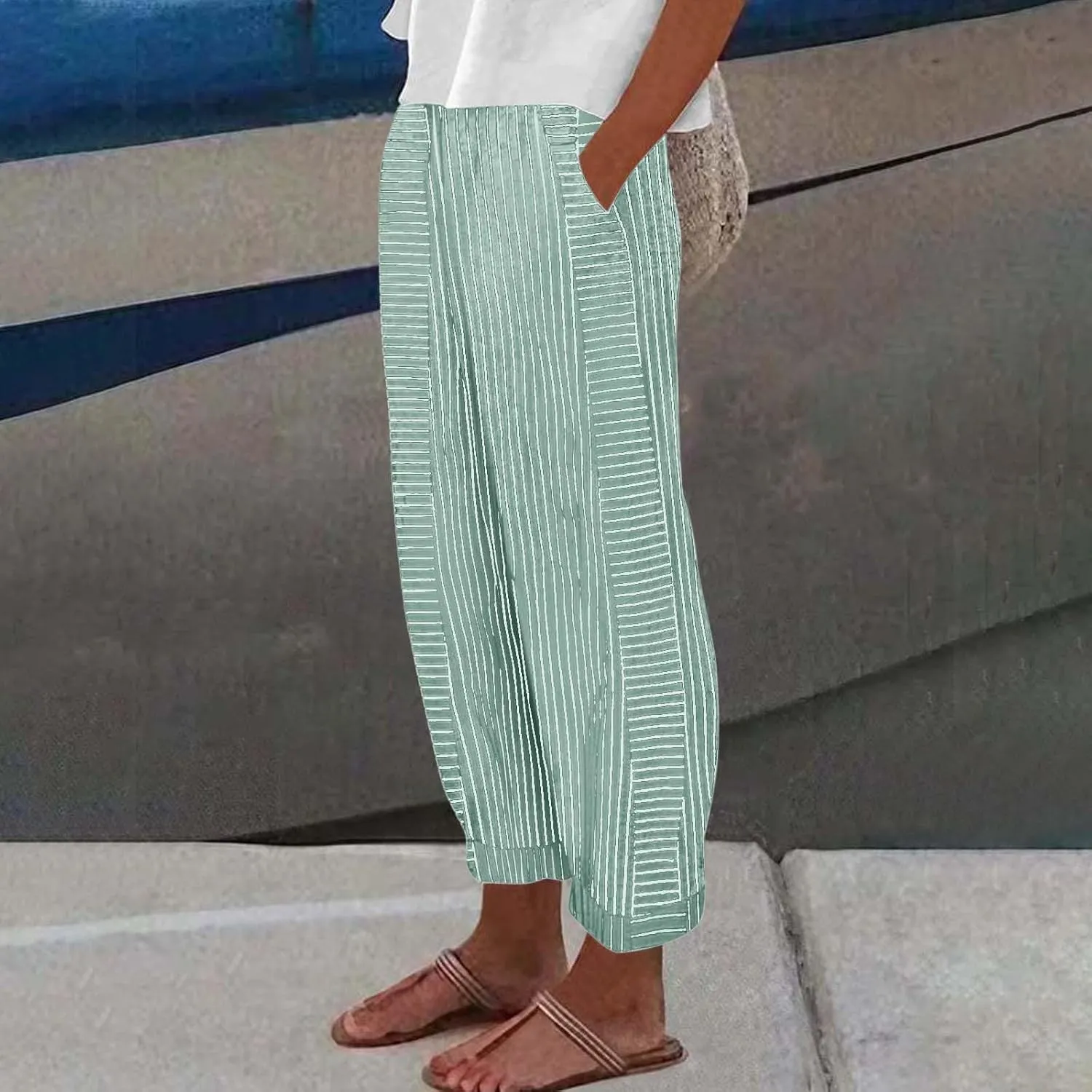 Womens Sweatpants, Peasant Pants Straight Leg Casual Linen Trendy Striped Side Loose