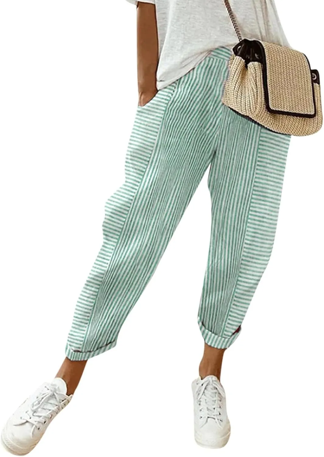 Womens Sweatpants, Peasant Pants Straight Leg Casual Linen Trendy Striped Side Loose