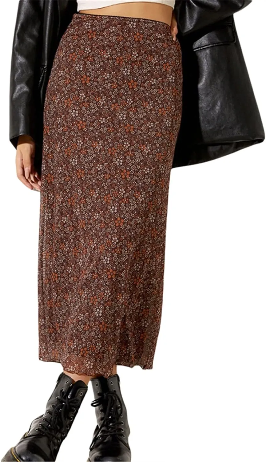 Women's Vintage Mesh Long Skirts Floral High Waisted Maxi Skirt Retro Spring Slim Fit Lettuce Trim Half Dress