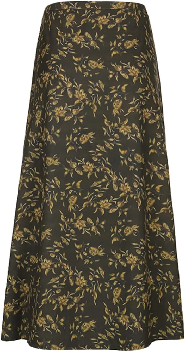 Women's Vintage Mesh Long Skirts Floral High Waisted Maxi Skirt Retro Spring Slim Fit Lettuce Trim Half Dress