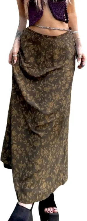 Women's Vintage Mesh Long Skirts Floral High Waisted Maxi Skirt Retro Spring Slim Fit Lettuce Trim Half Dress