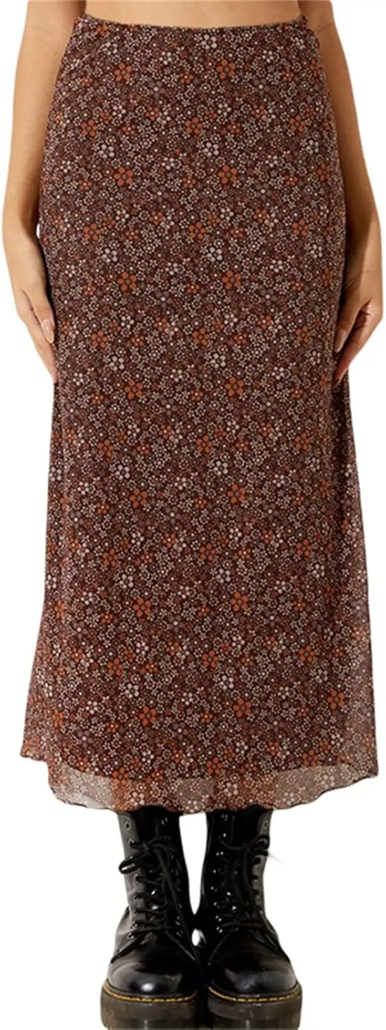 Women's Vintage Mesh Long Skirts Floral High Waisted Maxi Skirt Retro Spring Slim Fit Lettuce Trim Half Dress