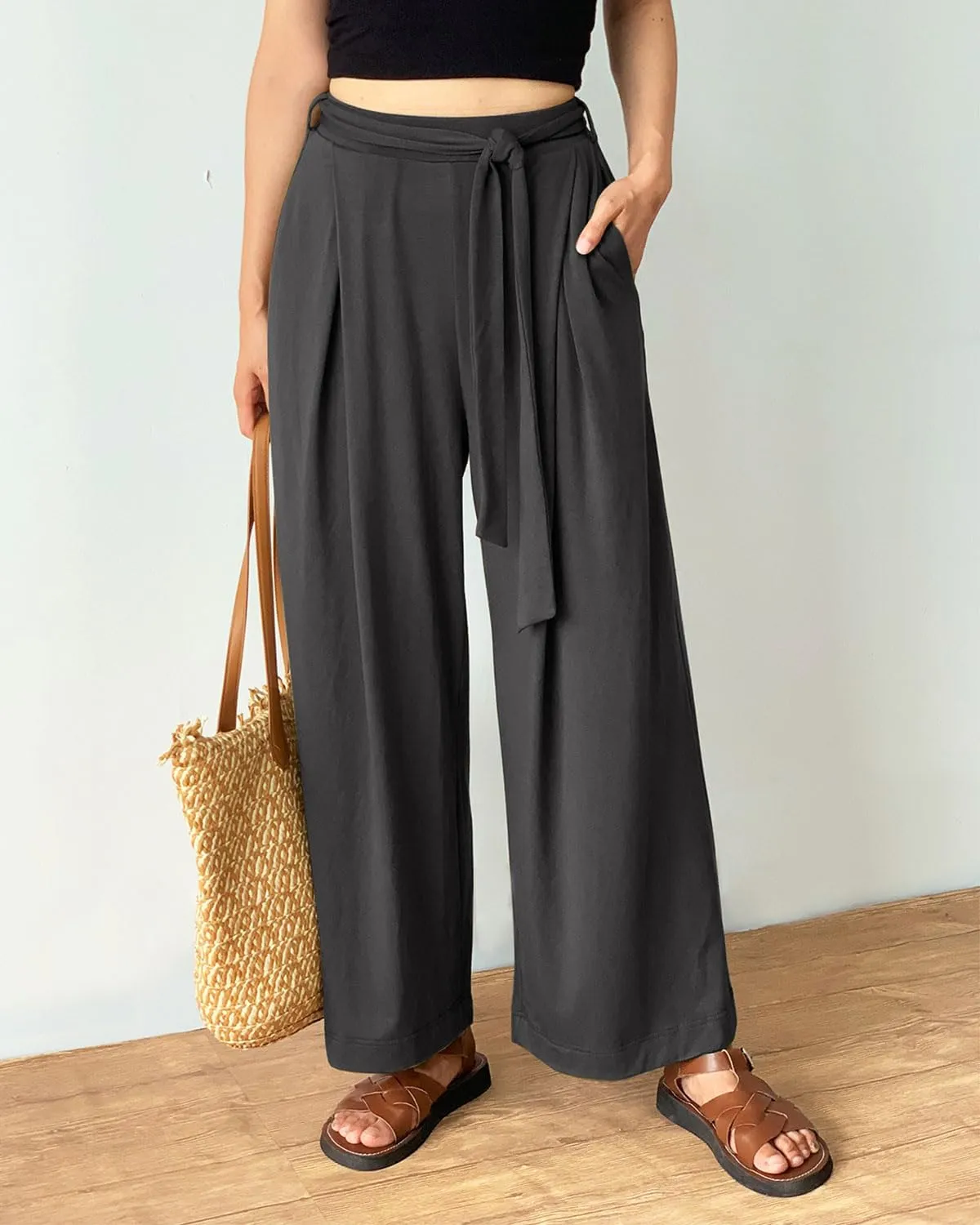 Women's Wide Leg Pants High Waisted Adjustable Tie Knot Yoga Sweatpants Comfy Lounge Pajama Flowy Pants Pockets