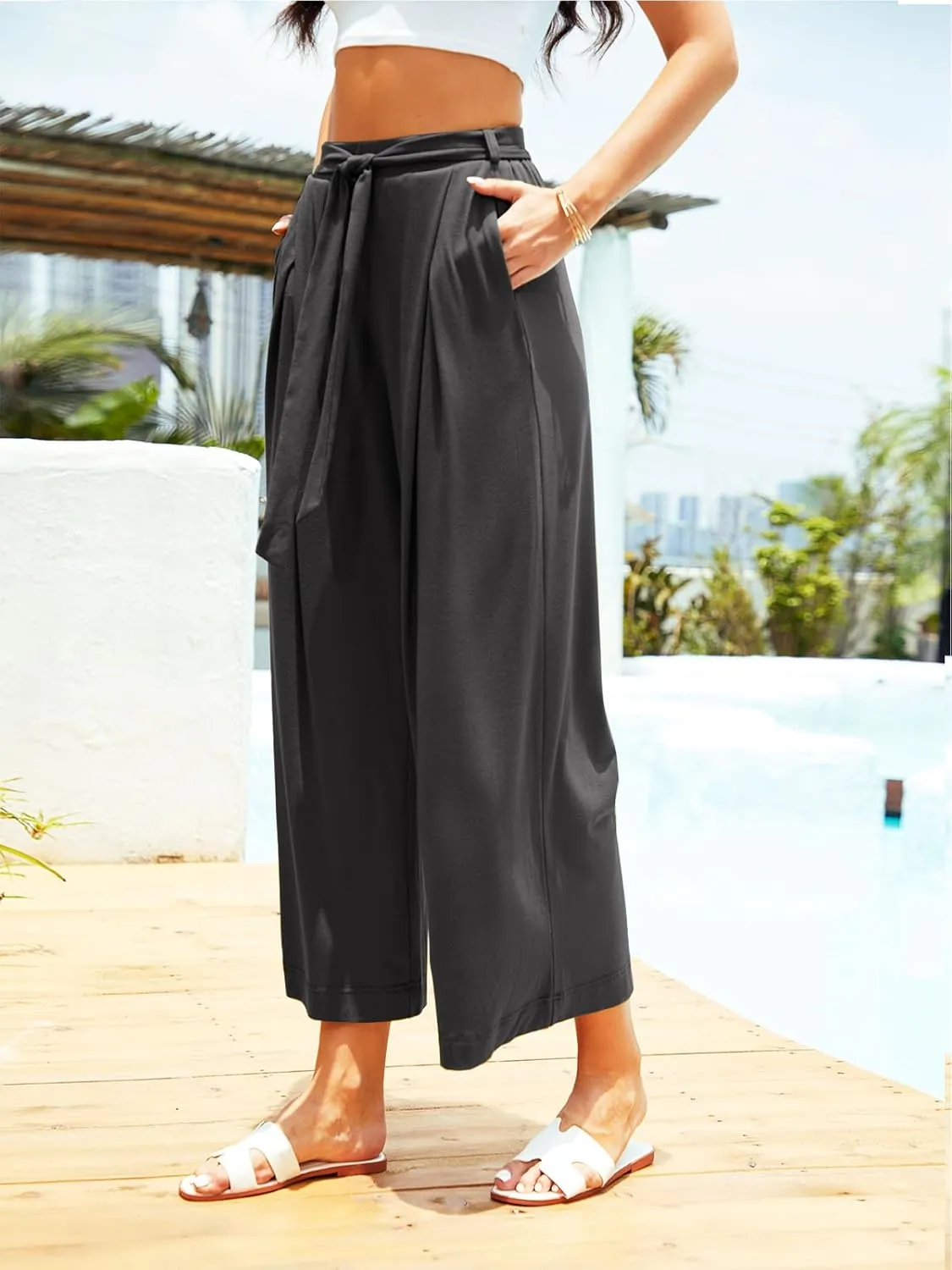 Women's Wide Leg Pants High Waisted Adjustable Tie Knot Yoga Sweatpants Comfy Lounge Pajama Flowy Pants Pockets