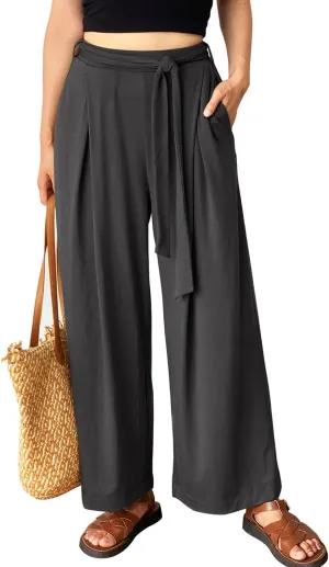 Women's Wide Leg Pants High Waisted Adjustable Tie Knot Yoga Sweatpants Comfy Lounge Pajama Flowy Pants Pockets