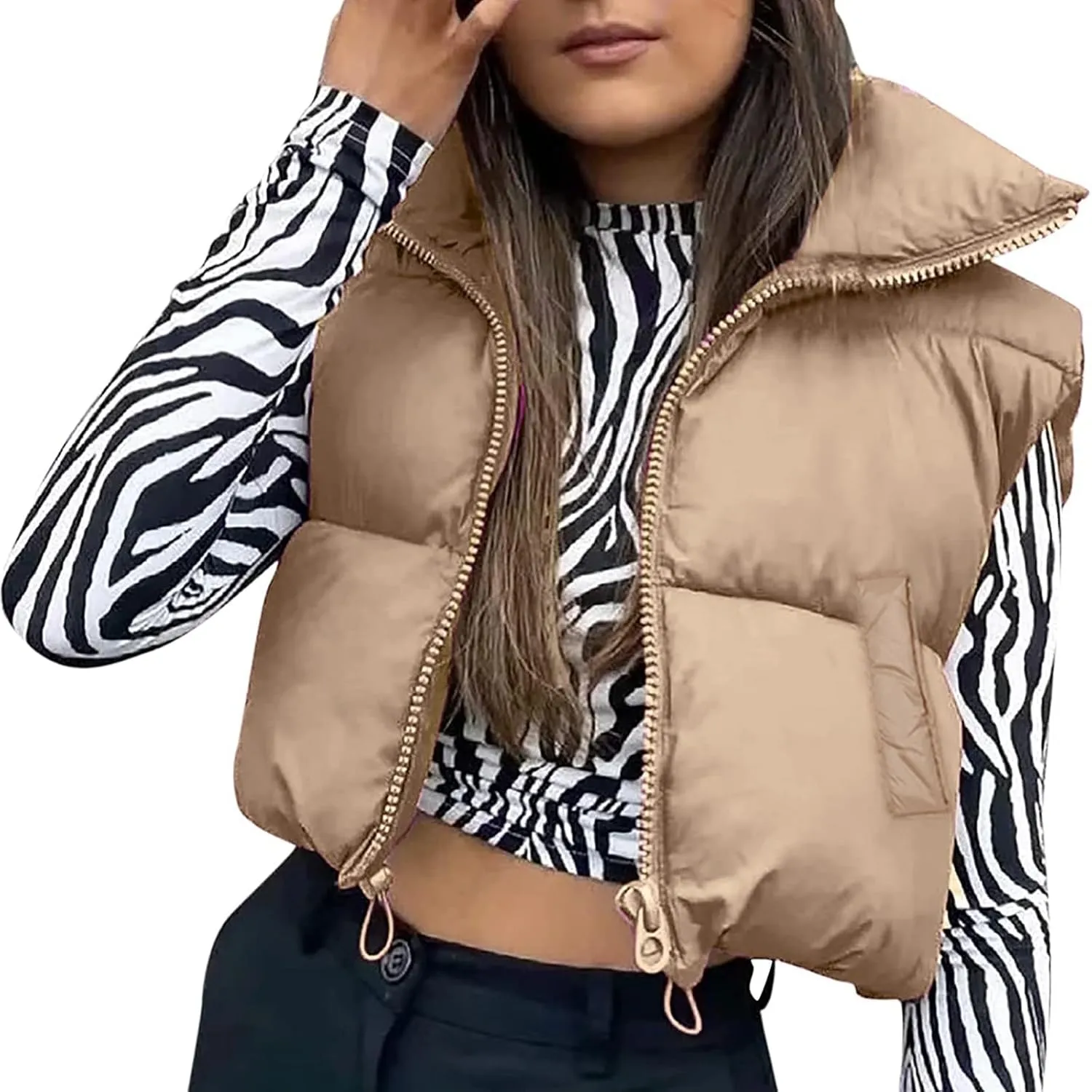 Women's Winter Cropped Vest Jacket Sleeveless Mock Neck Zipper Puffer Waistcoat Tops Cotton Padded Crop Gilet