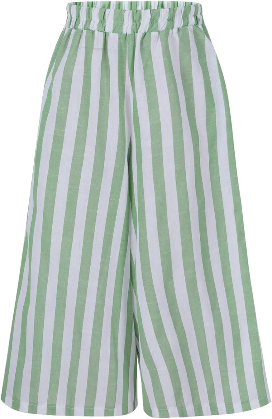 Xiaojmake Womens Wide Leg Palazzo Pants Linen Drawstring Cropped Trousers Y2K A Line Flowy Pants Striped High-Waist Culottes