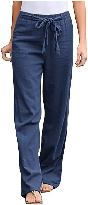YOLAI Women Cotton Linen Trousers Elastic Waist Solid Color Long Pants Drawstring Wide Leg Pants