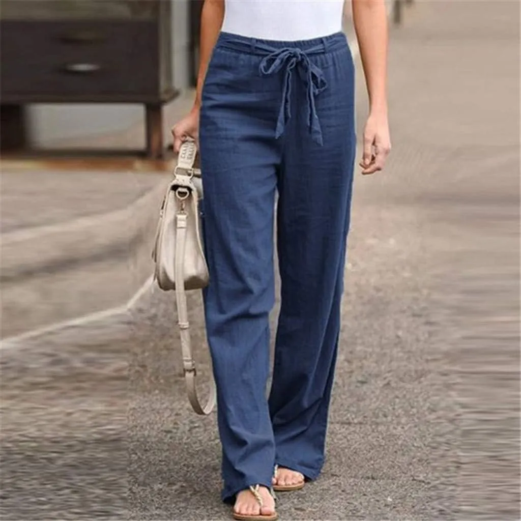 YOLAI Women Cotton Linen Trousers Elastic Waist Solid Color Long Pants Drawstring Wide Leg Pants