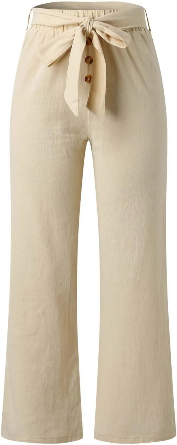 YOLAI Womens Button Down Cotton Linen Pant High Waist Casual Business Work Trousers Summer Lightweight Wide Leg Trousers