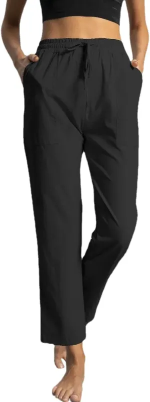 YOLAI Womens Casual Straight Leg Pants Drawstring Elastic High Waist Trousers Comfy Lightweight Trousers with Pockets (Black, S)