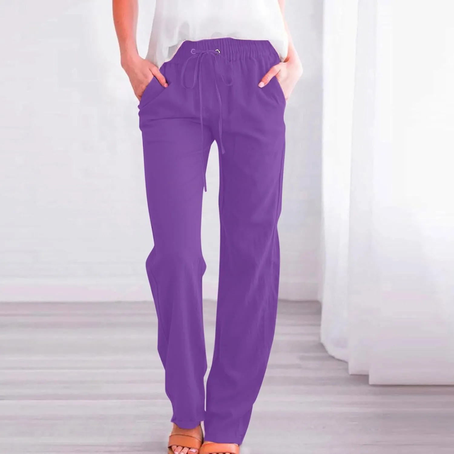 YRAETENM Cotton Linen Pants for Women Summer Loose Fit Elastic Waist Solid Lounge Trousers Casual Comfy Beach Travel Clothes