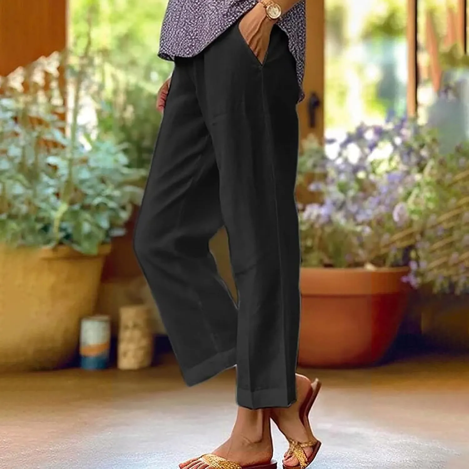 YRAETENM Linen Pants for Women Summer High Waist Elastic Straight Leg Lounge Pants Casual Loose Lightweight Beach Trousers