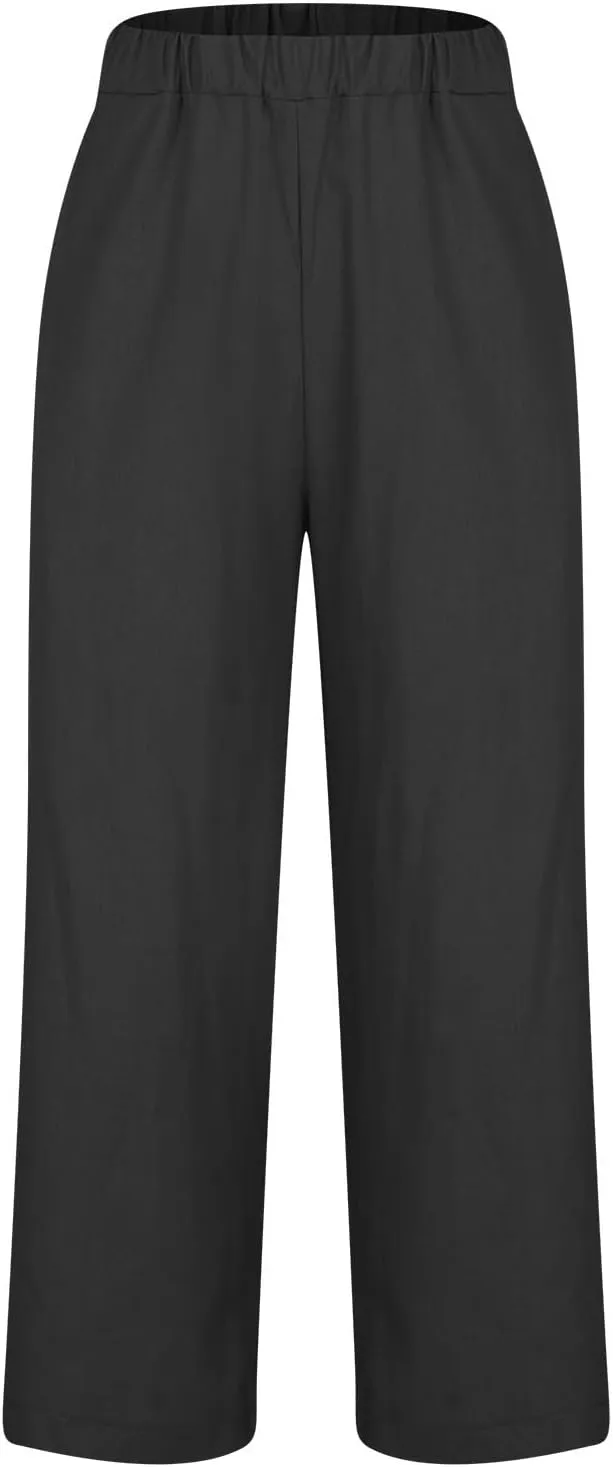 YRAETENM Linen Pants for Women Summer High Waist Elastic Straight Leg Lounge Pants Casual Loose Lightweight Beach Trousers
