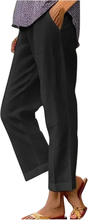 YRAETENM Linen Pants for Women Summer High Waist Elastic Straight Leg Lounge Pants Casual Loose Lightweight Beach Trousers