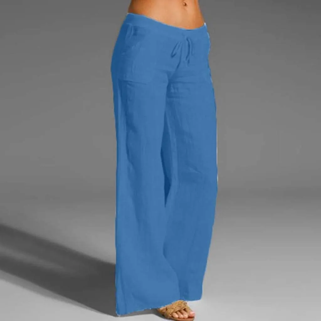 YRAETENM Womens Cotton Linen Palazzo Pants Summer Drawstring Elastic Waist Lounge Pants Casual Wide Leg Trousers with Pockets