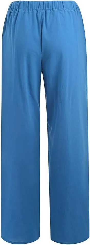 YRAETENM Womens Cotton Linen Palazzo Pants Summer Drawstring Elastic Waist Lounge Pants Casual Wide Leg Trousers with Pockets