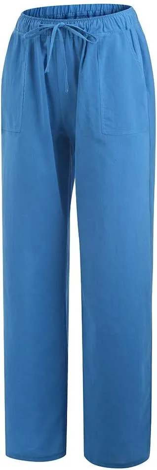 YRAETENM Womens Cotton Linen Palazzo Pants Summer Drawstring Elastic Waist Lounge Pants Casual Wide Leg Trousers with Pockets