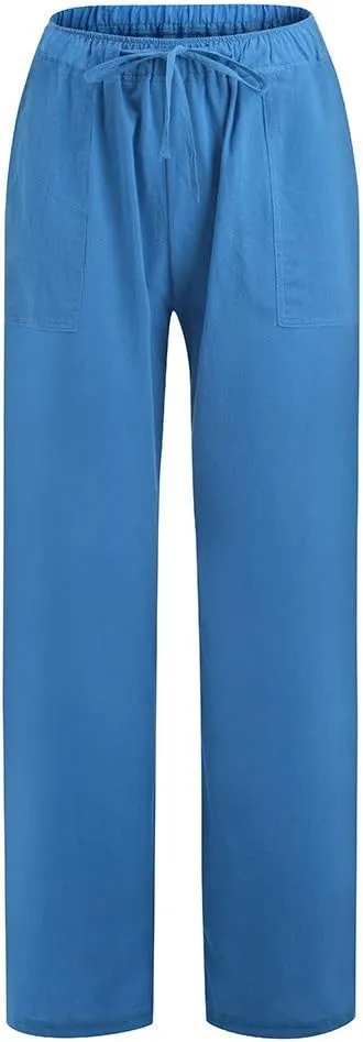 YRAETENM Womens Cotton Linen Palazzo Pants Summer Drawstring Elastic Waist Lounge Pants Casual Wide Leg Trousers with Pockets